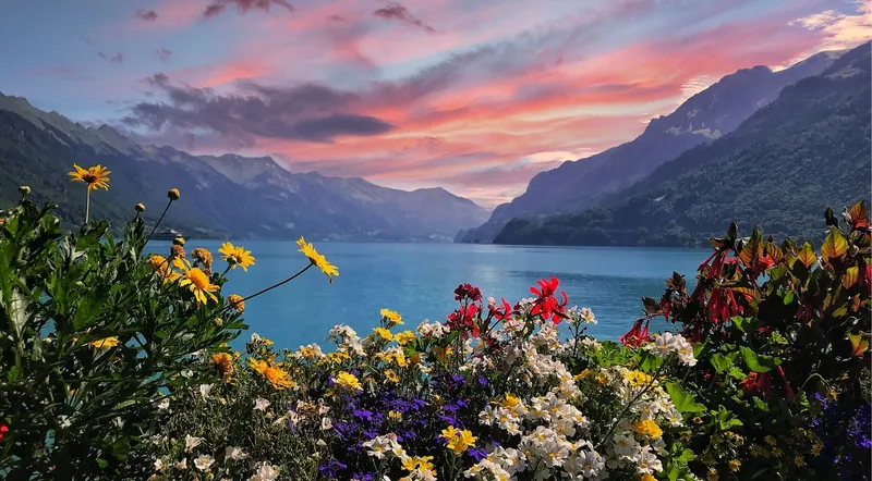 Lake Brienz glowing turquoise at sunset near Interlaken